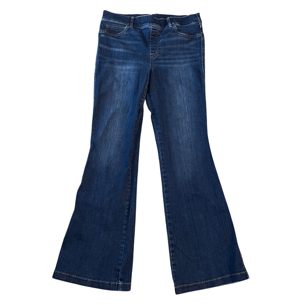 Spanx Flare Jeans Womens XL Dark Wash Blue Denim Pull On High Waist Stretch